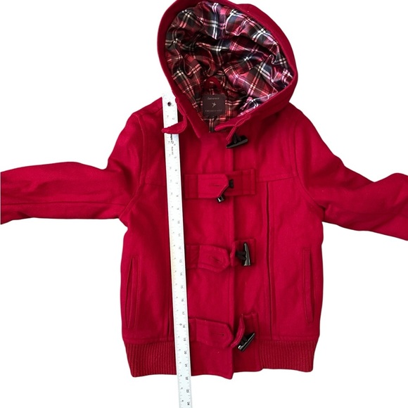 Forever 21 Red Toggle Button Hooded Jacket Women’s Size Small | Plaid Lined Coat - Picture 6 of 8